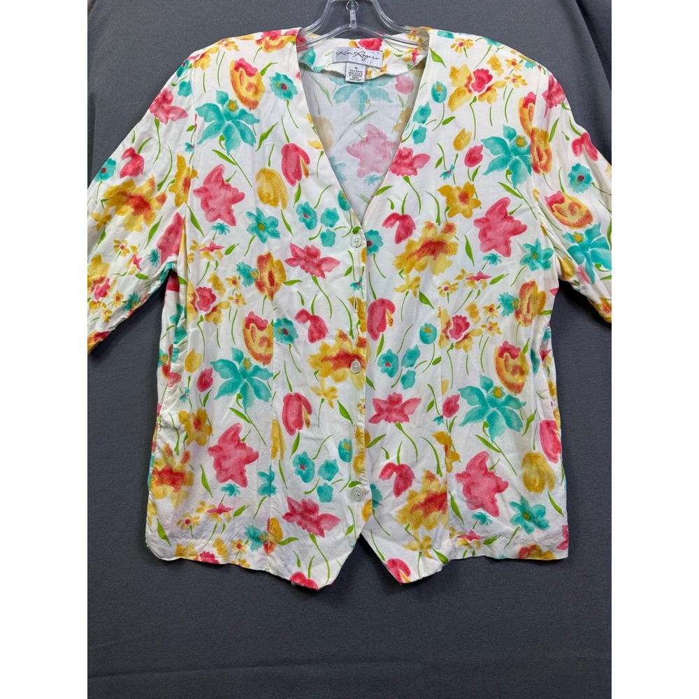 Kim‎ Rogers Women's Floral Short Sleeve Button Front Blouse White Pink Yellow 14